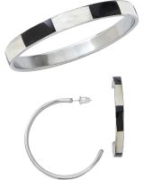 1559 - Black & White Troca Stainless Steel 4.5mm dia Earrings & 1mm Bangle