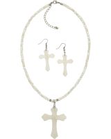 1892 - White Troca Cross Stainless Steel Necklace & Earrings