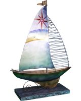 7010 - Seafoam Sailboat w/ Red Compass Stand 12.5" - Metal & Capiz Art