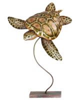 7151 - Hawksbill Turtle on Stand 17x11" - Metal & Capiz Art
