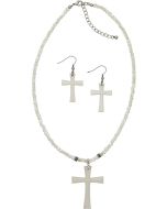 1890 - MOP Cross Stainless Steel Necklace & Earrings