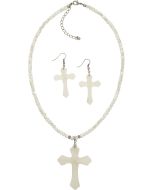 1892 - White Troca Cross Stainless Steel Necklace & Earrings