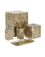 6913 - Champagne Capiz Shell Bathroom Set - Basket (7.9"), Tissue (5.1x5.5"), Pump (2.6x6.7"), Cup (2.4x5.1"), & Tray (9.3x5.1")