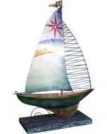 7010 - Seafoam Sailboat w/ Red Compass Stand 12.5" - Metal & Capiz Art